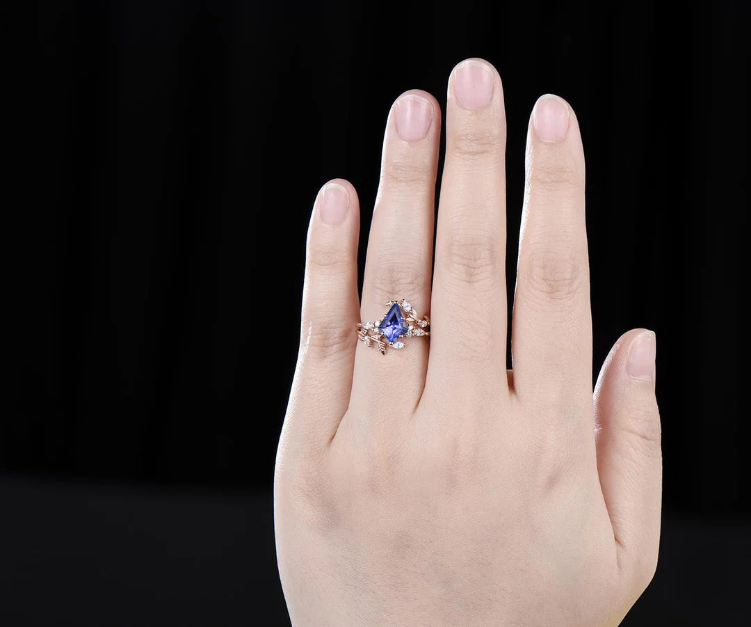 Kite Cut Natural Tanzanite Engagement Ring Set Leaf Vine Moissanite Accent Ring Wrap Enhancer Band Unique Bridal Set