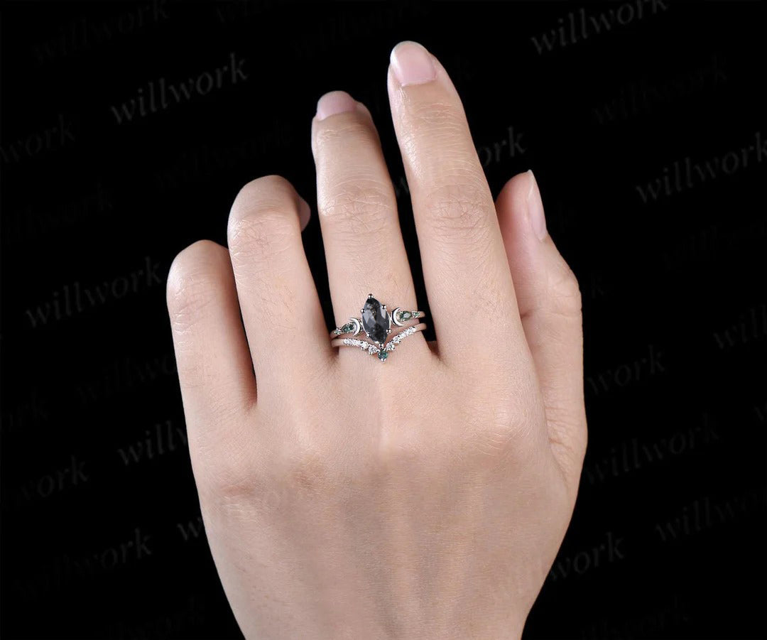 Unique Marquise Salt & Pepper Diamond Ring Set Moon Deco Moss Agate Emerald Accent Promise Ring Curved Band Bridal Set