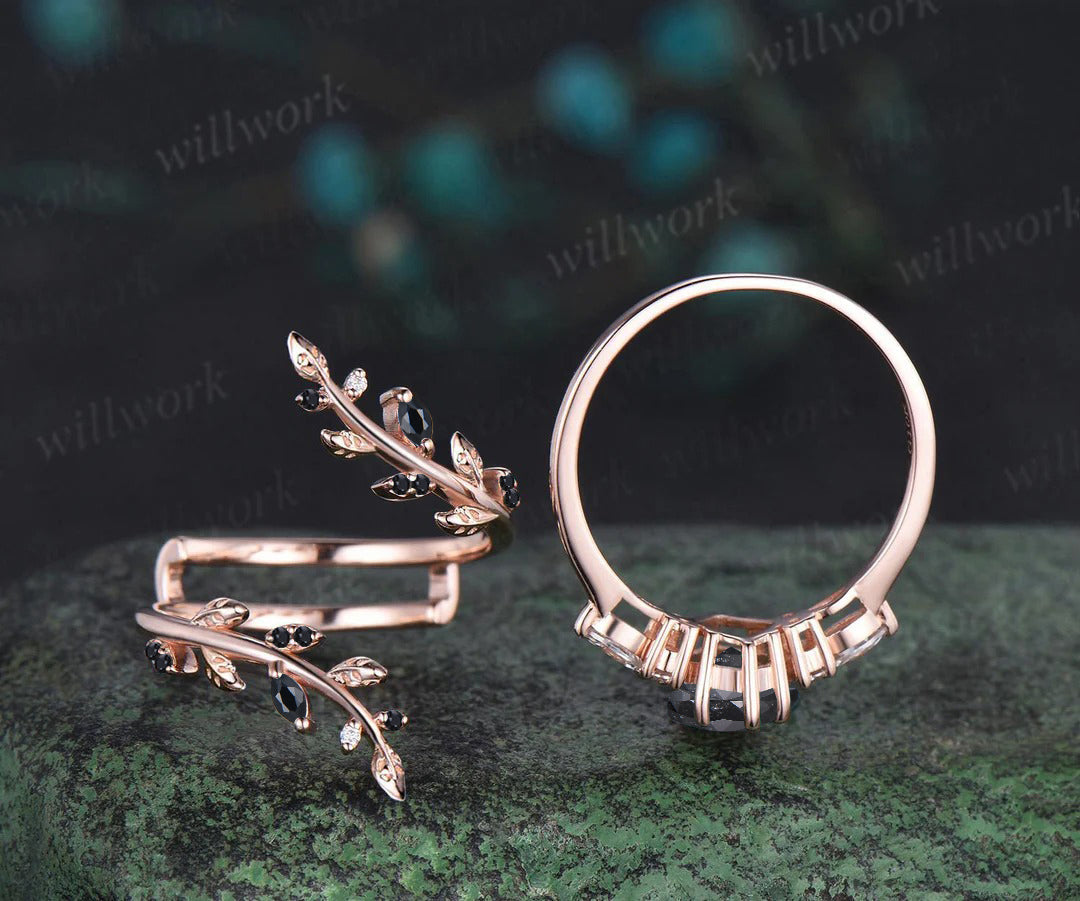 Kite Cut Salt & Pepper Diamond Engagement Ring Leaf Vine Moissanite Accent Ring Black Spinel Twig Enhancer Band Nature Inspired Bridal Set