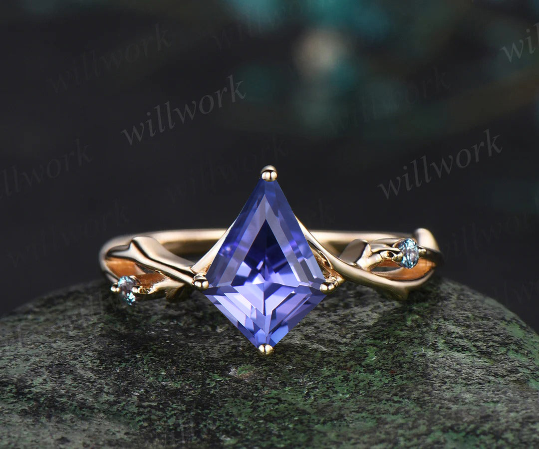 Kite Tanzanite Engagement Ring Set Vintage Twig Alexandrite Accent Ring Branch Ring Curved Wedding Band Unique Bridal Set
