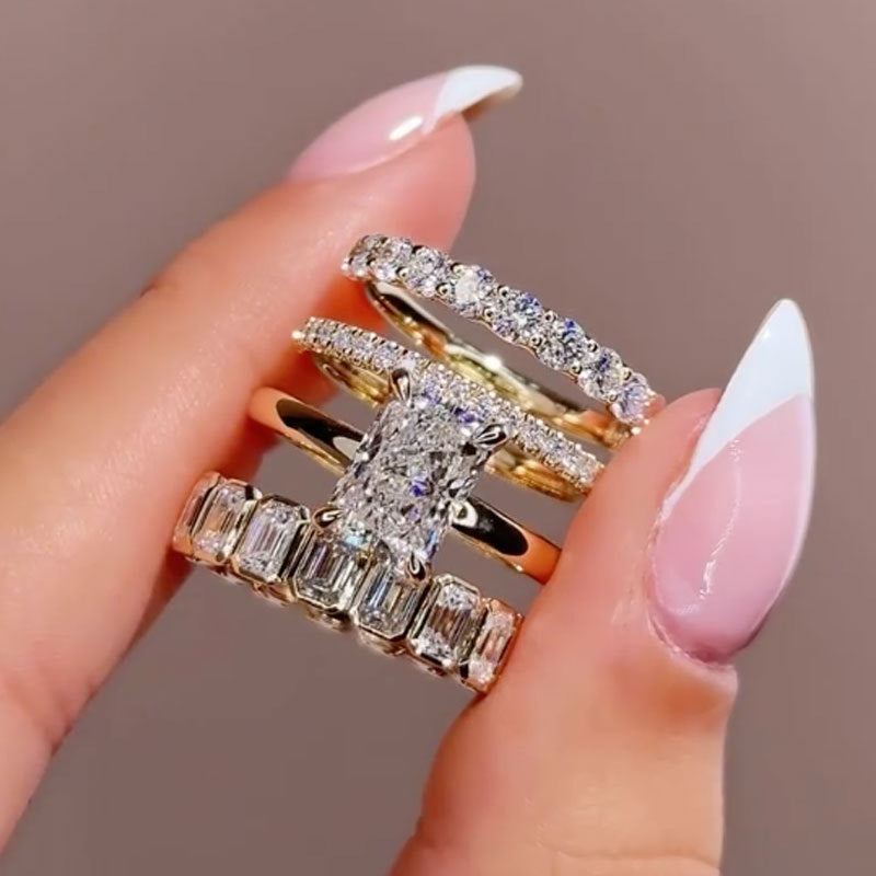 Exquisitely-crafted Radiant Cut 4.0ct Pave 4PC 925 Sterling Silver Wedding Ring Set