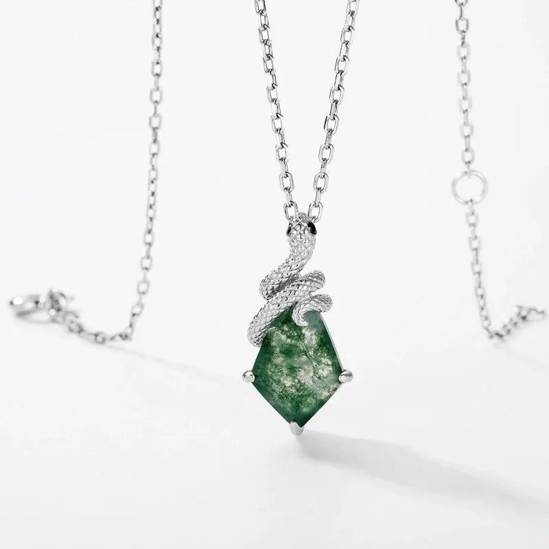 'Noir Serpent' Pear Cut Moss Agate Mystical Serpent Carved Nature Inspired  Necklace