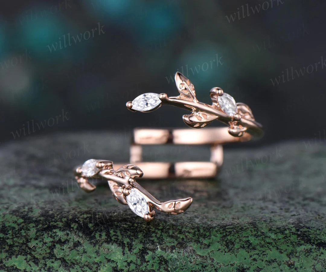 Kite Cut Natural Tanzanite Engagement Ring Set Leaf Vine Moissanite Accent Ring Wrap Enhancer Band Unique Bridal Set
