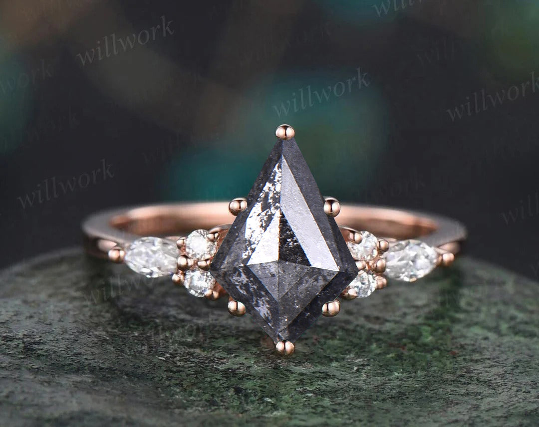 Kite Cut Salt & Pepper Diamond Engagement Ring Leaf Vine Moissanite Accent Ring Black Spinel Twig Enhancer Band Nature Inspired Bridal Set