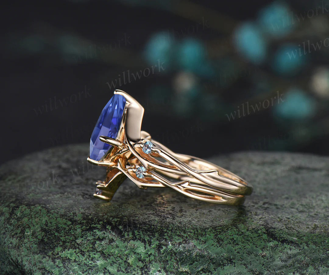 Kite Tanzanite Engagement Ring Set Vintage Twig Alexandrite Accent Ring Branch Ring Curved Wedding Band Unique Bridal Set