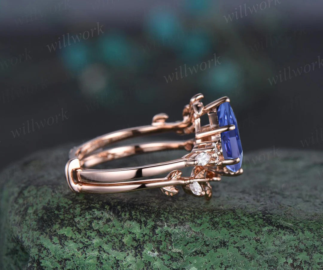 Kite Cut Natural Tanzanite Engagement Ring Set Leaf Vine Moissanite Accent Ring Wrap Enhancer Band Unique Bridal Set