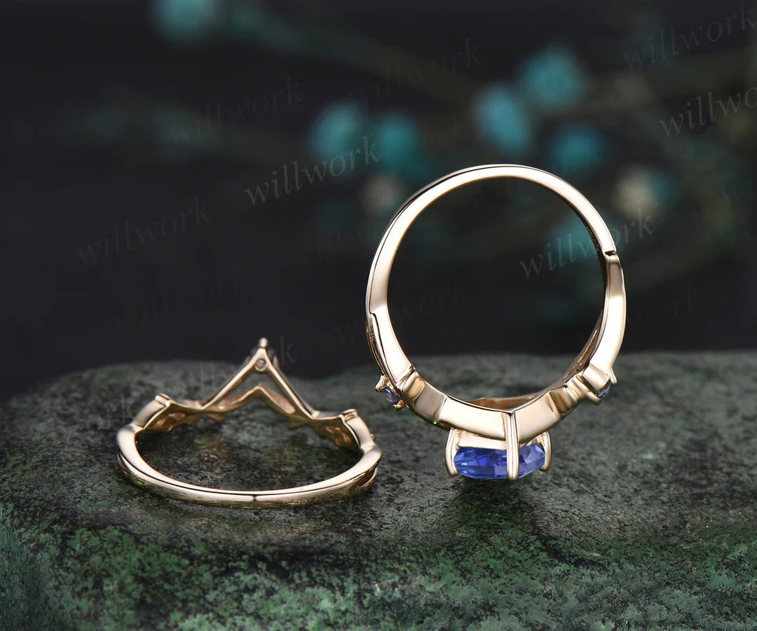 Kite Tanzanite Engagement Ring Set Vintage Twig Alexandrite Accent Ring Branch Ring Curved Wedding Band Unique Bridal Set