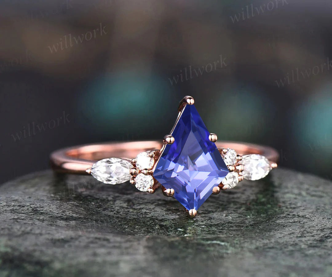 Kite Cut Natural Tanzanite Engagement Ring Set Leaf Vine Moissanite Accent Ring Wrap Enhancer Band Unique Bridal Set