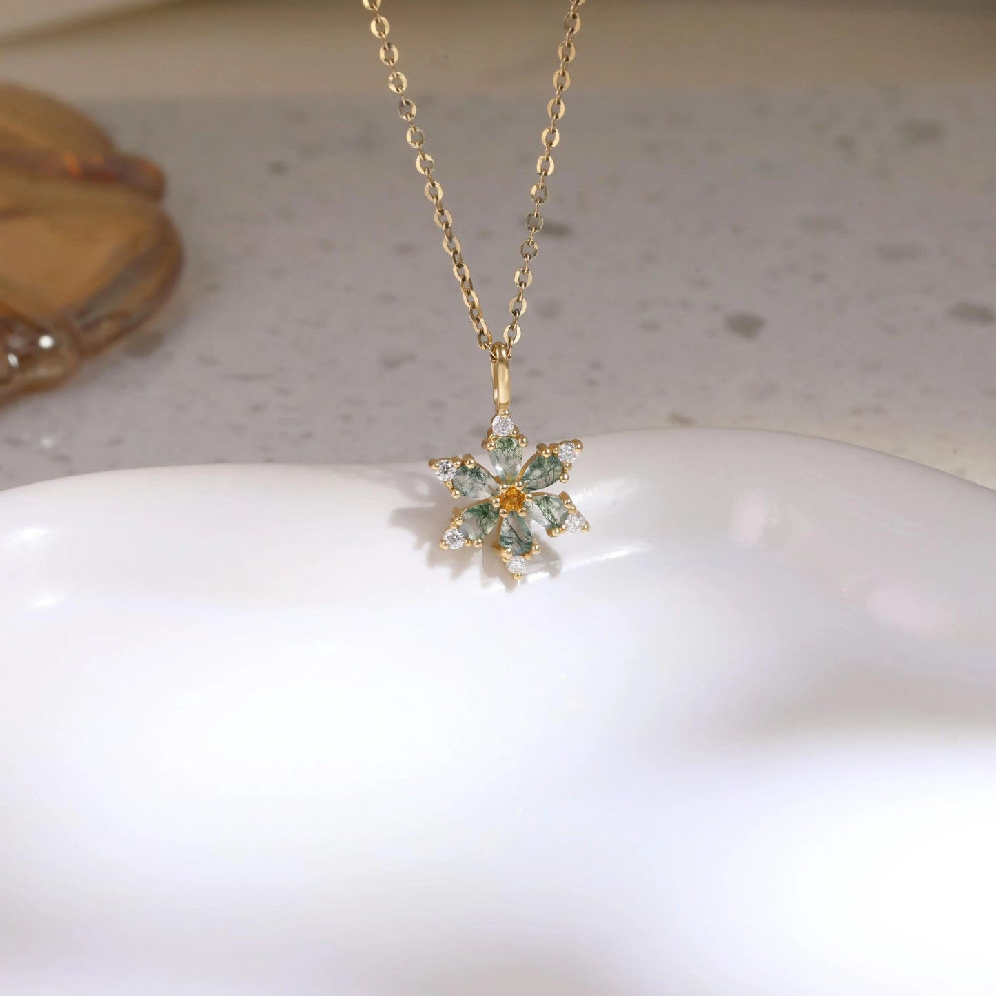 Marquise Cut Moss Agate Leaf  Necklace - ‘Clarissa’