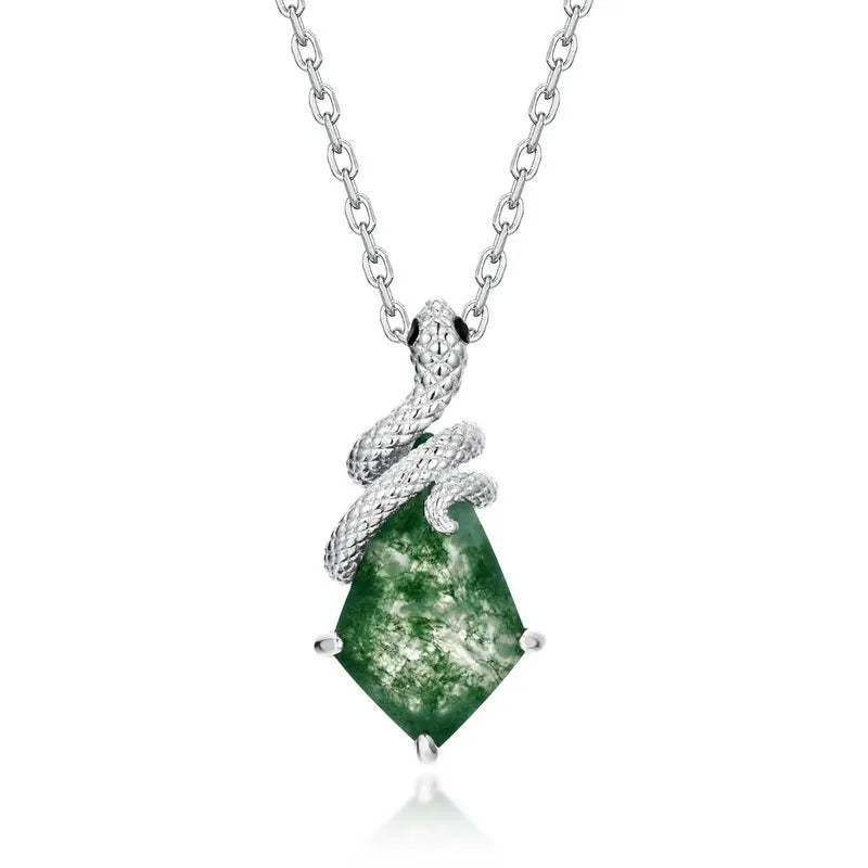 Emerald Cut Moss Agate Mystical Serpent Carved Nature Pendant Necklace - "Cloak"