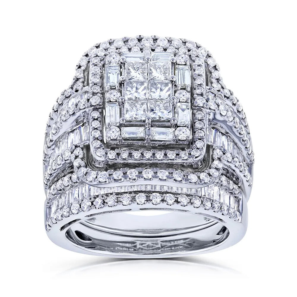 Deluxe Princess & Emerald Cut 4.0Ct Cluster 925 Sterling Silver Bridal Set