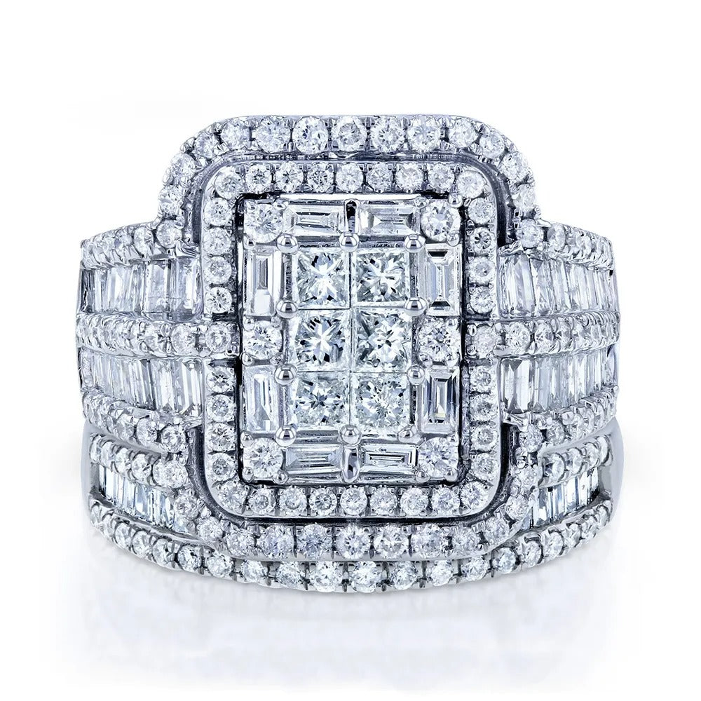 Deluxe Princess & Emerald Cut 4.0Ct Cluster 925 Sterling Silver Bridal Set