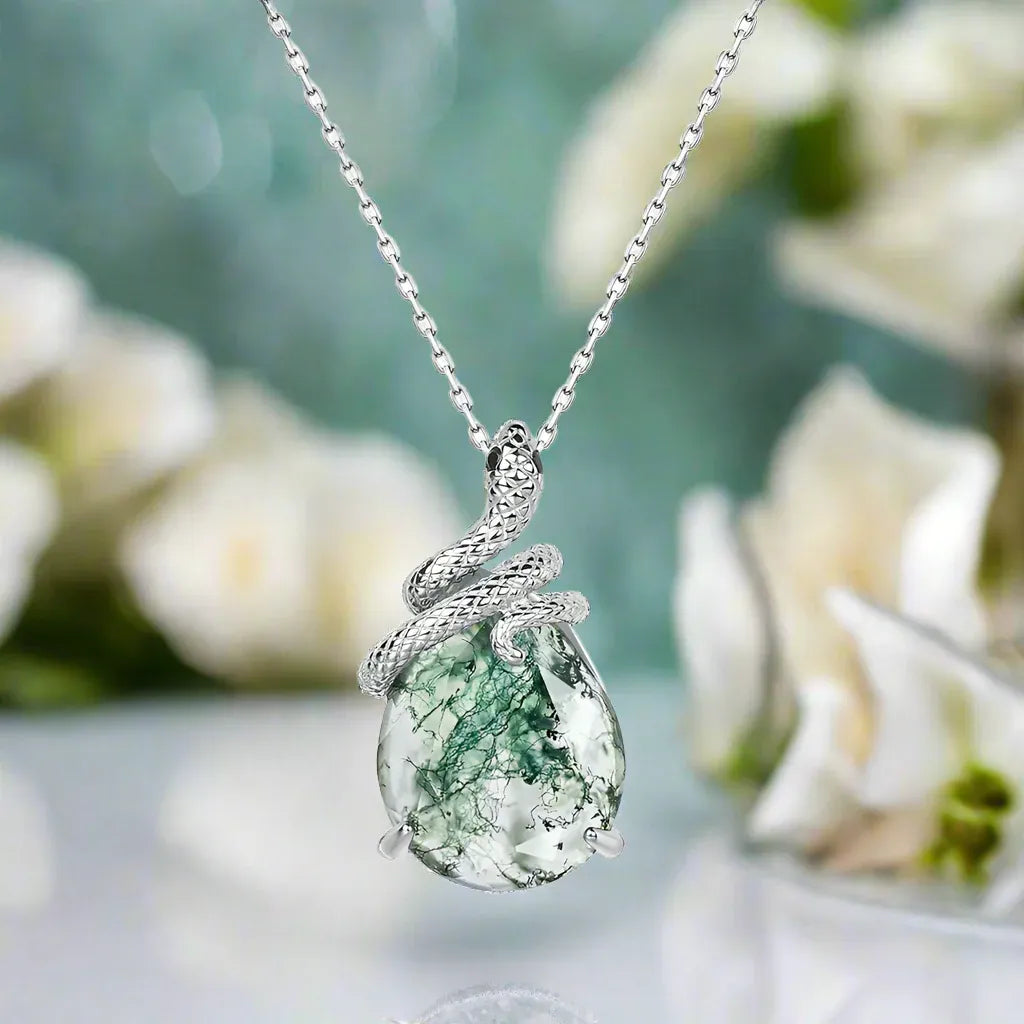Artisan Kite Cut Moss Agate Mystical Serpent Carved Nature Inspired Necklace