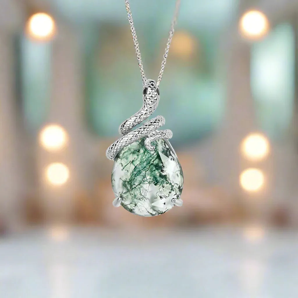 'Noir Serpent' Pear Cut Moss Agate Mystical Serpent Carved Nature Inspired  Necklace