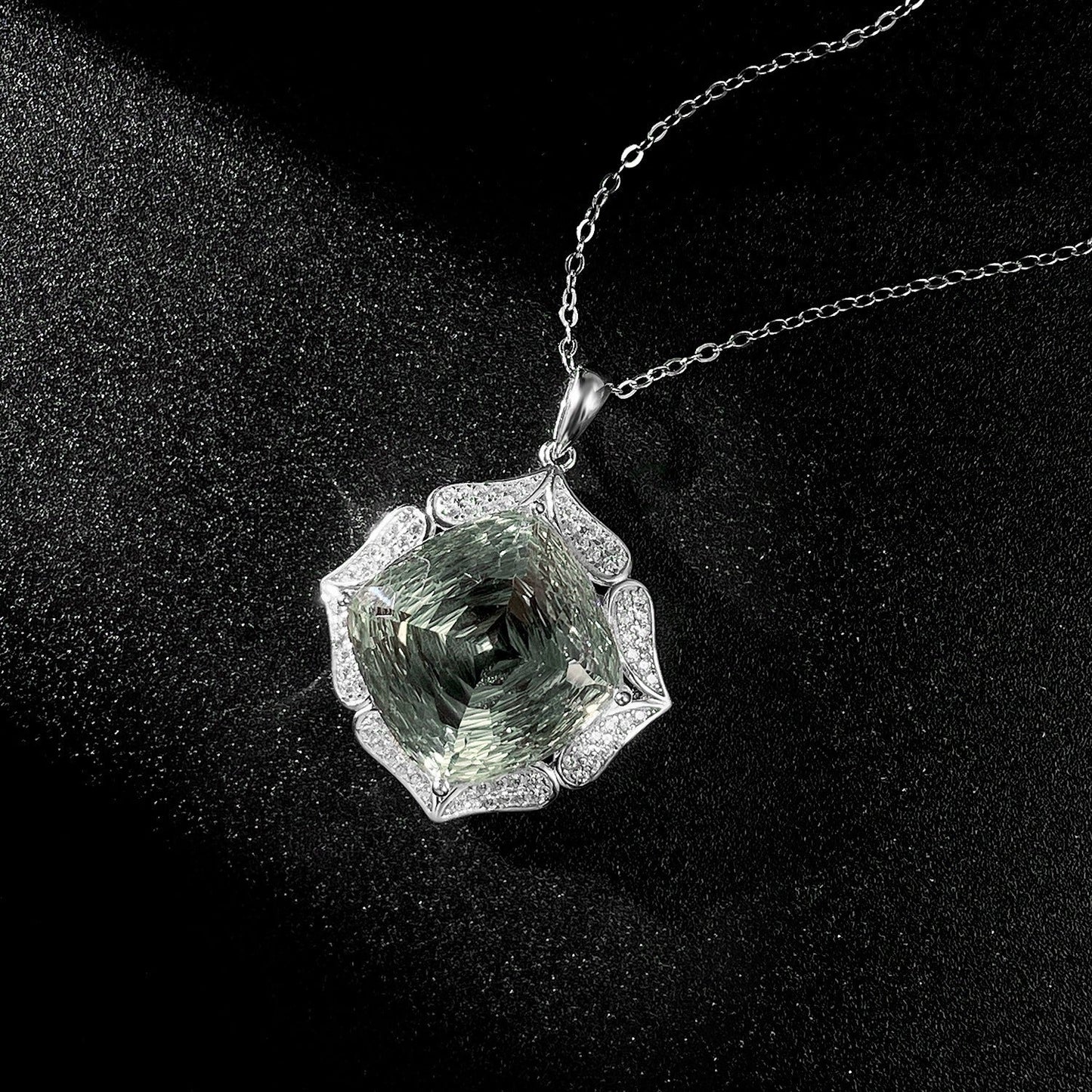 Rose Cut Natural Green Prasiolite Flower Quartz Necklace Elegance for Formal Evenings “Veloria”