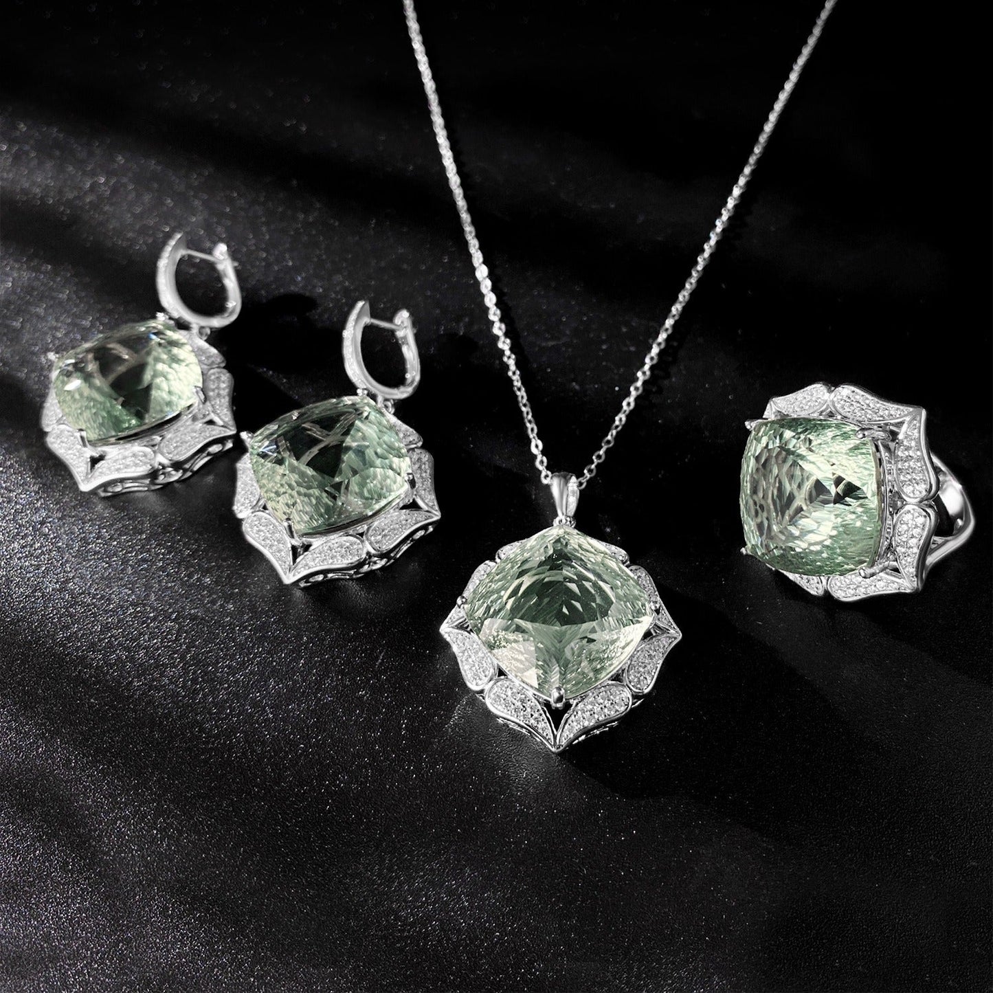 Rose Cut Natural Green Prasiolite Flower Quartz Necklace Elegance for Formal Evenings “Veloria”