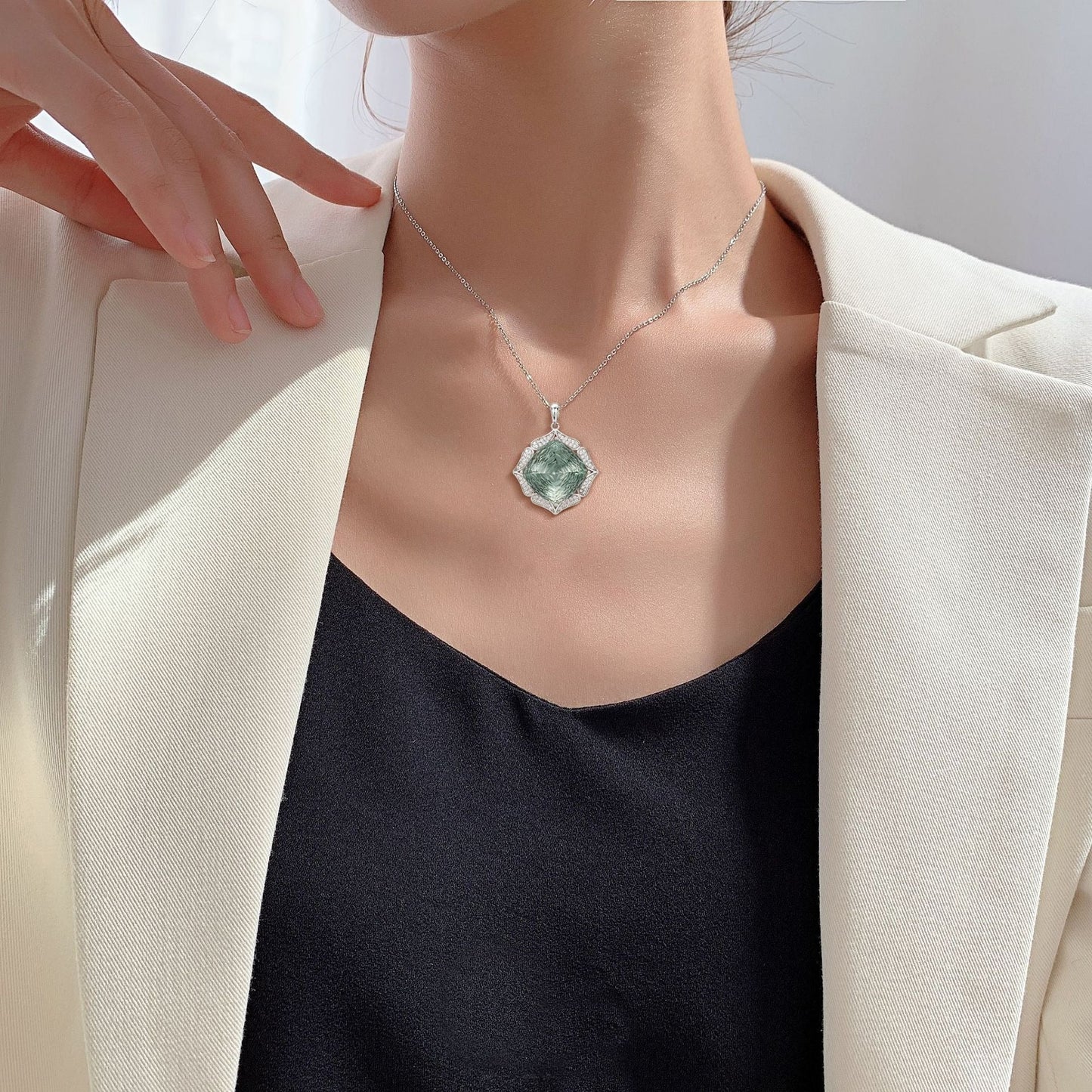 Rose Cut Natural Green Prasiolite Flower Quartz Necklace Elegance for Formal Evenings “Veloria”