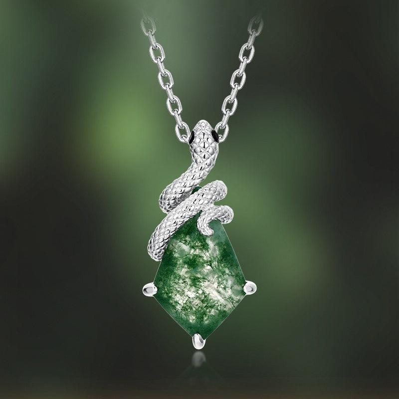 Artisan Kite Cut Moss Agate Mystical Serpent Carved Nature Inspired Necklace