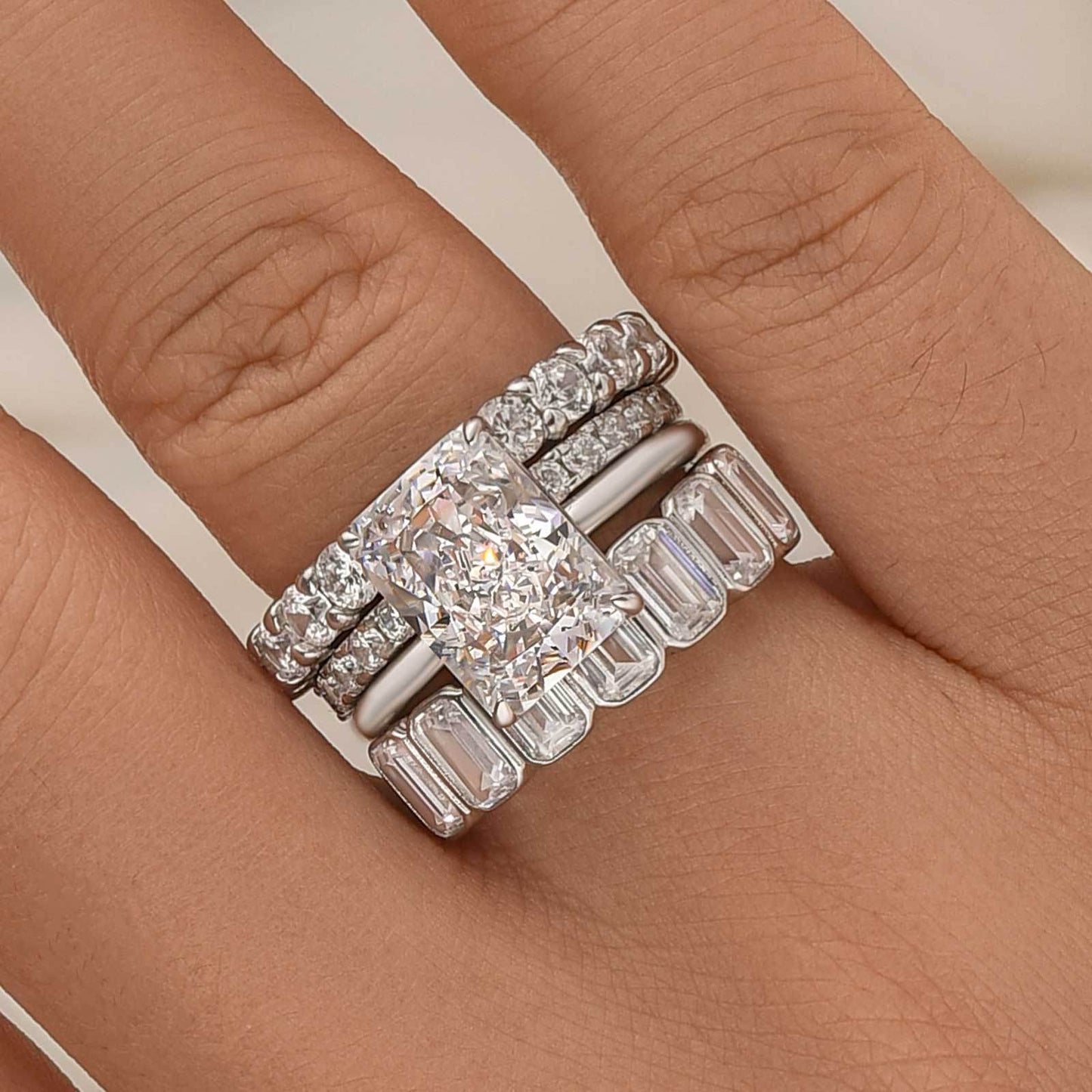Exquisitely-crafted Radiant Cut 4.0ct Pave 4PC 925 Sterling Silver Wedding Ring Set