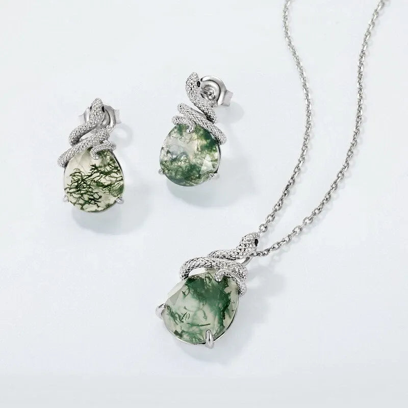 'Noir Serpent' Pear Cut Moss Agate Mystical Serpent Carved Nature Inspired  Necklace