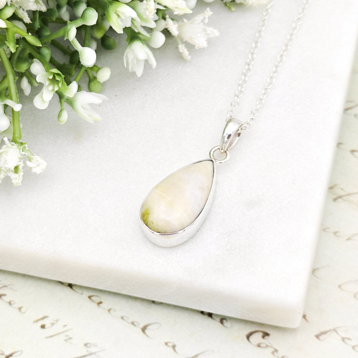 Isle of Skye Marble Pendant | Scotland Gift | 21mm Pale Green Stone | Sterling Silver