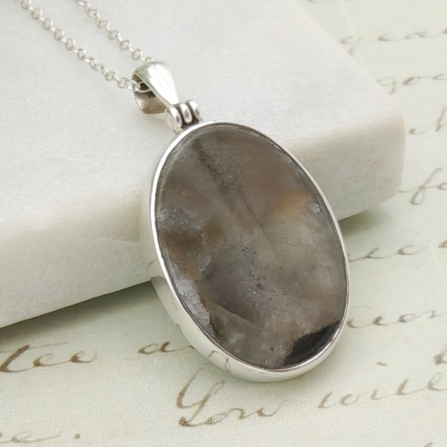 Isle of Skye Marble Pendant | Scottish Gift | 25mm Oval Grey Stone | Sterling Silver