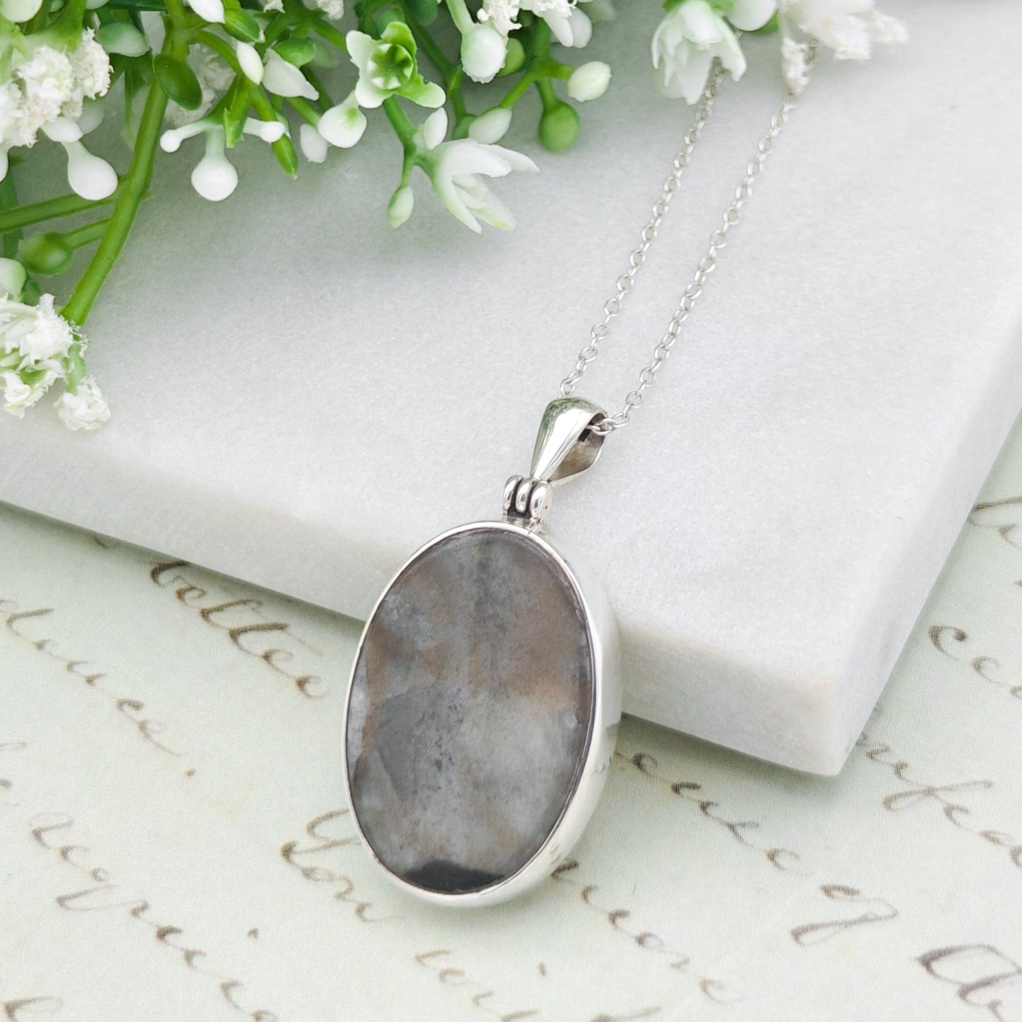 Isle of Skye Marble Pendant | Scottish Gift | 25mm Oval Grey Stone | Sterling Silver