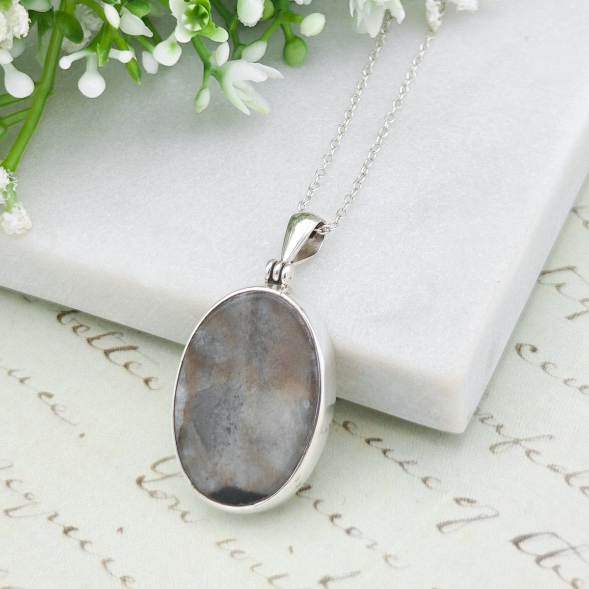 Isle of Skye Marble Pendant | Scottish Gift | 25mm Oval Grey Stone | Sterling Silver