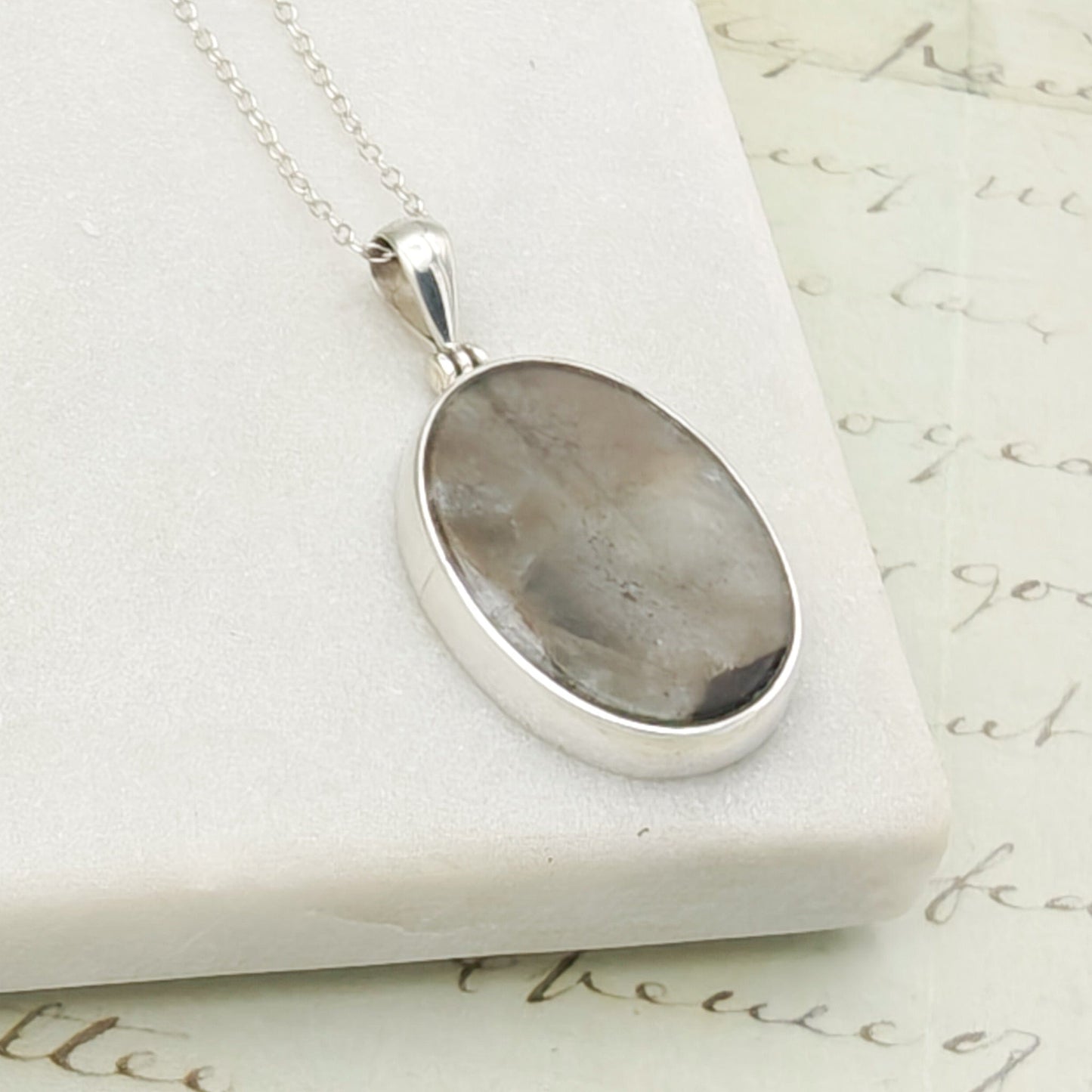 Isle of Skye Marble Pendant | Scottish Gift | 25mm Oval Grey Stone | Sterling Silver