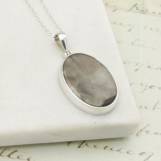 Isle of Skye Marble Pendant | Scottish Gift | 25mm Oval Grey Stone | Sterling Silver