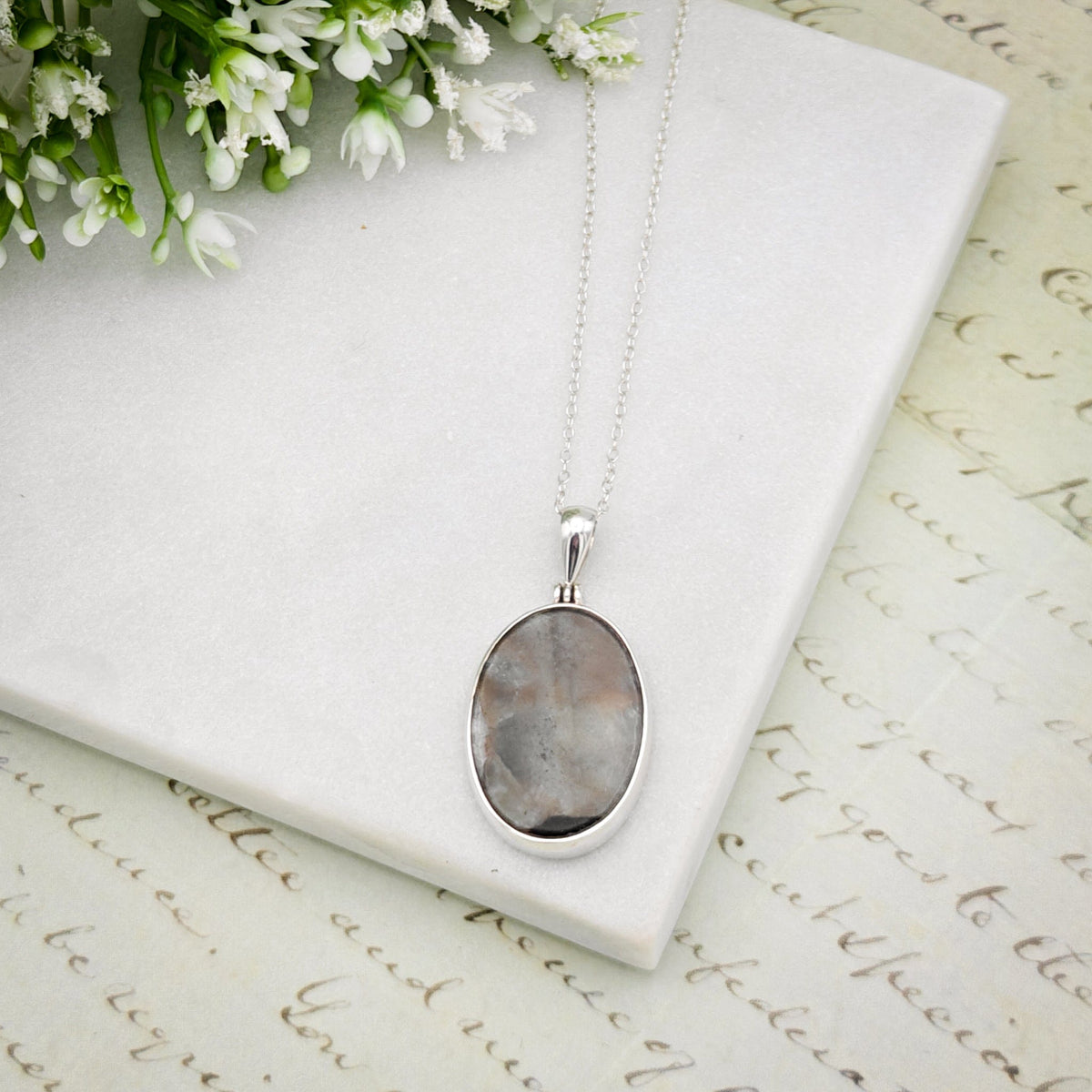 Isle of Skye Marble Pendant | Scottish Gift | 25mm Oval Grey Stone | Sterling Silver