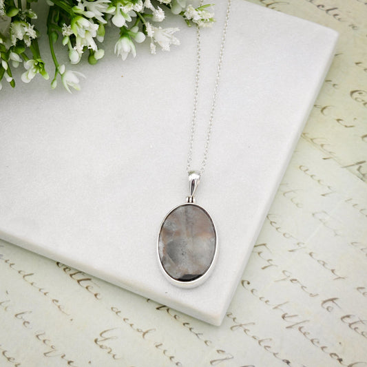 Isle of Skye Marble Pendant | Scottish Gift | 25mm Oval Grey Stone | Sterling Silver