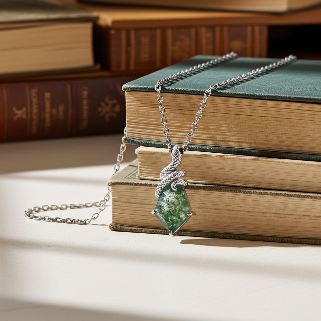Artisan Kite Cut Moss Agate Mystical Serpent Carved Nature Inspired Necklace