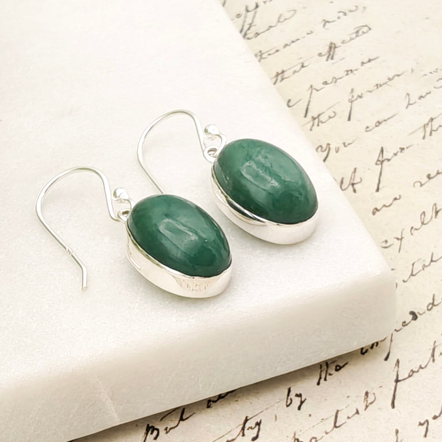 Jade 15mm Oval Earrings | Green Gemstone | 35th Anniversary | Sterling Silver