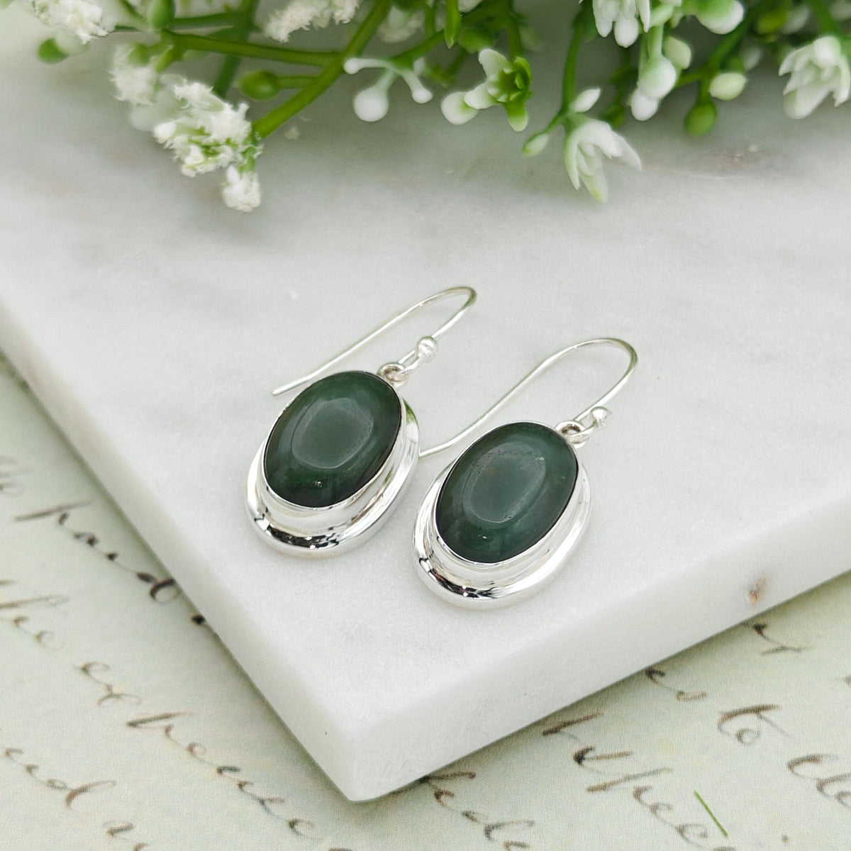 Jade 15mm Oval Earrings | Green Gemstone | 35th Anniversary | Sterling Silver