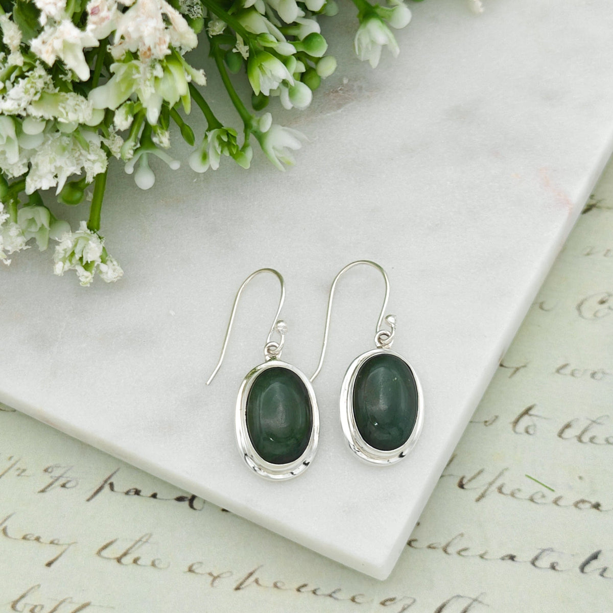 Jade 15mm Oval Earrings | Green Gemstone | 35th Anniversary | Sterling Silver