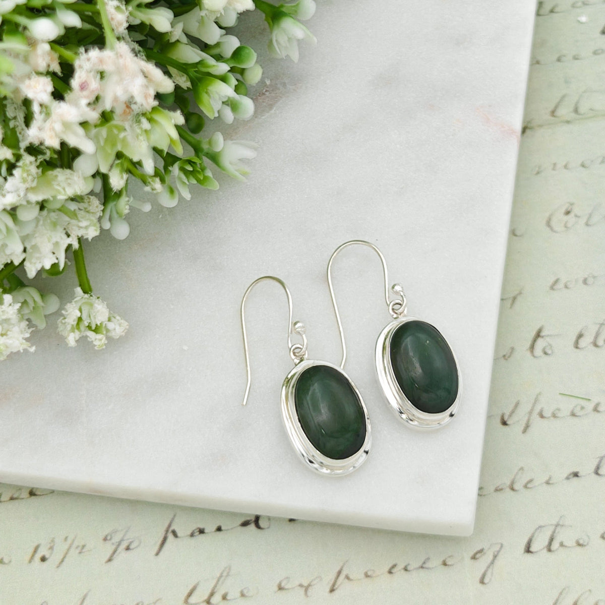 Jade 15mm Oval Earrings | Green Gemstone | 35th Anniversary | Sterling Silver