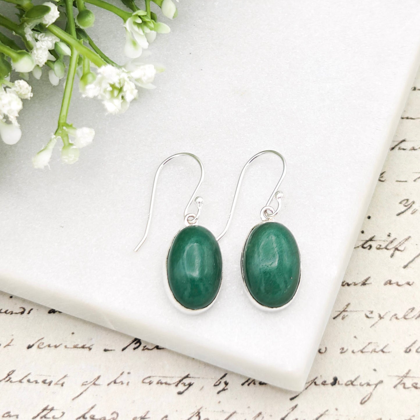 Jade 15mm Oval Earrings | Green Gemstone | 35th Anniversary | Sterling Silver
