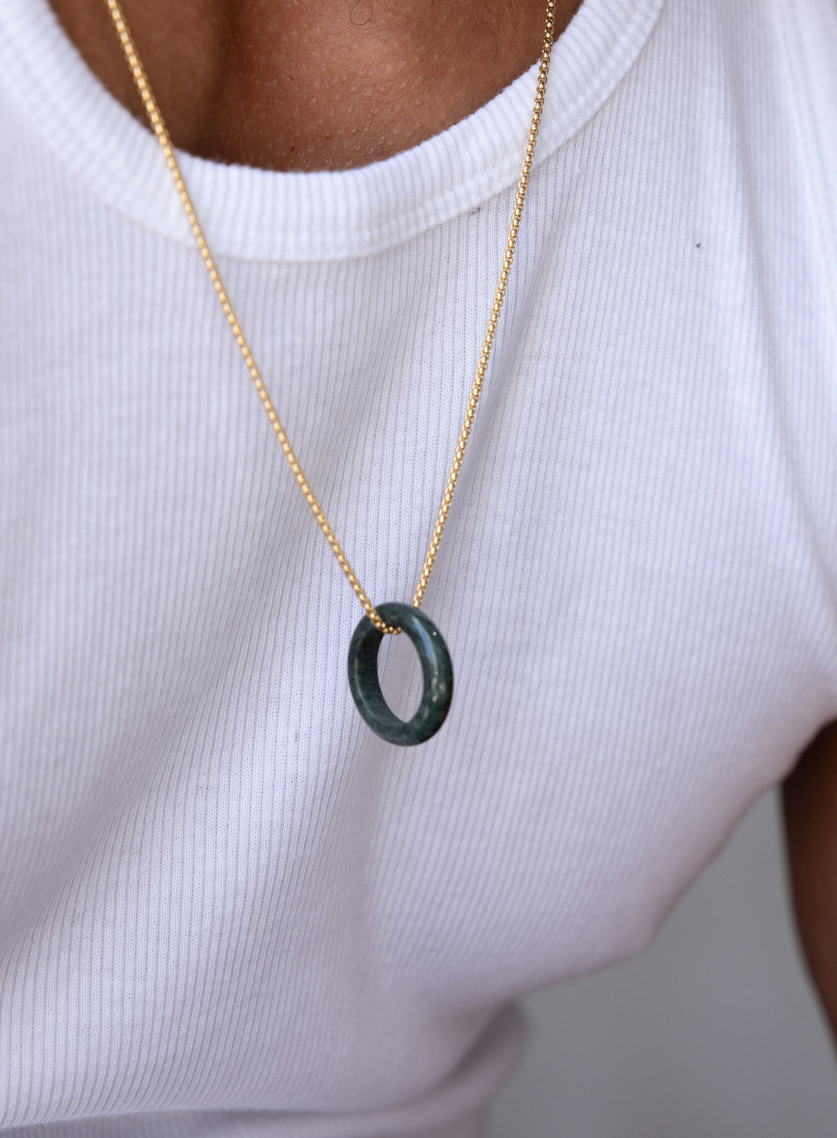 Jade Ring Pendant on 14K Gold Filled Round Box Chain Necklace