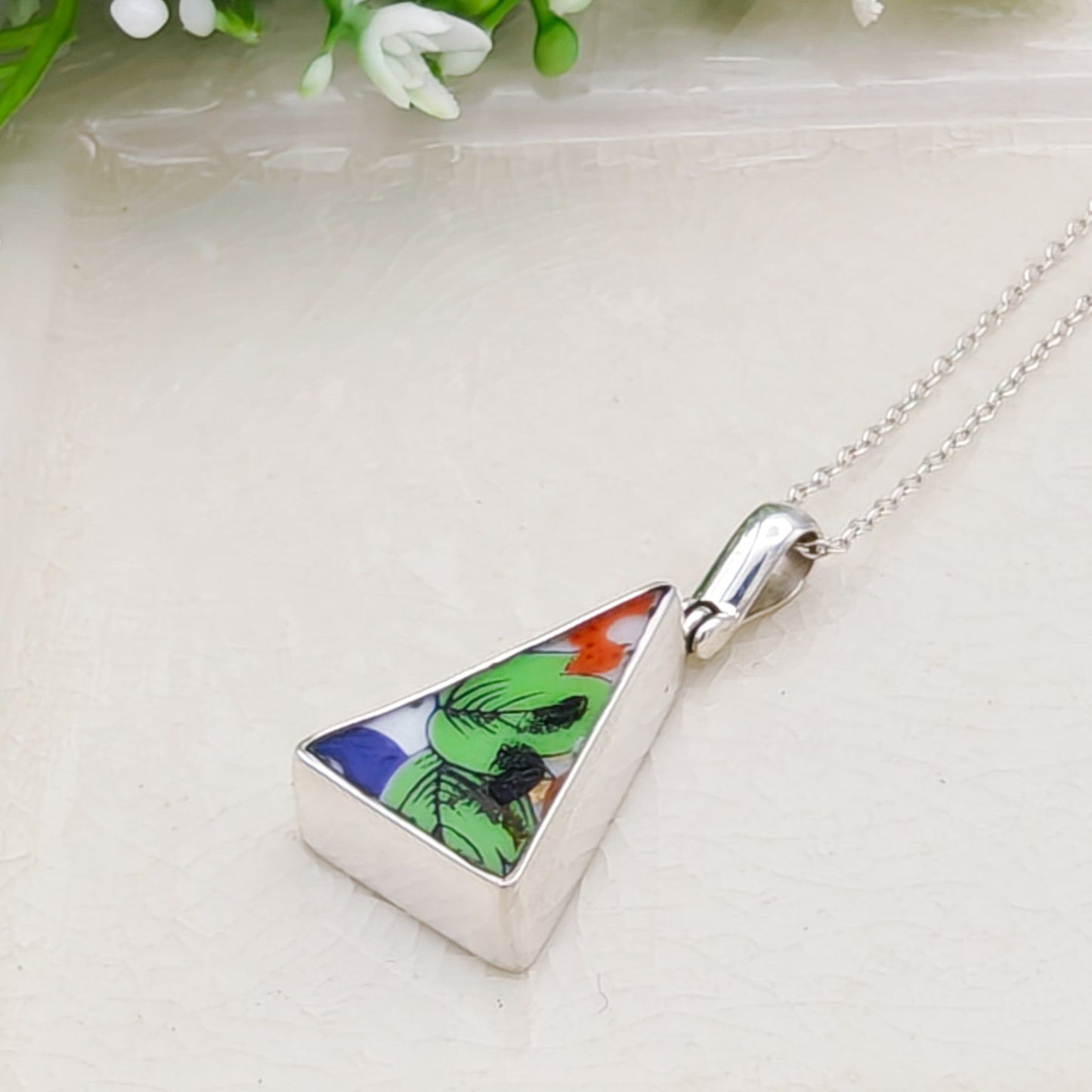 Japanese Imari Pendant | 18mm Triangle | 18th Wedding Anniversary | Sterling Silver