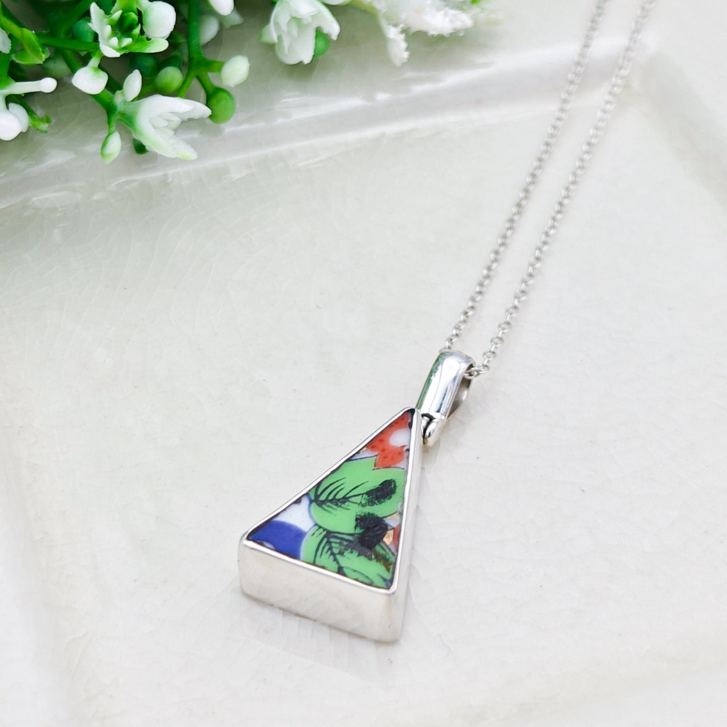 Japanese Imari Pendant | 18mm Triangle | 18th Wedding Anniversary | Sterling Silver