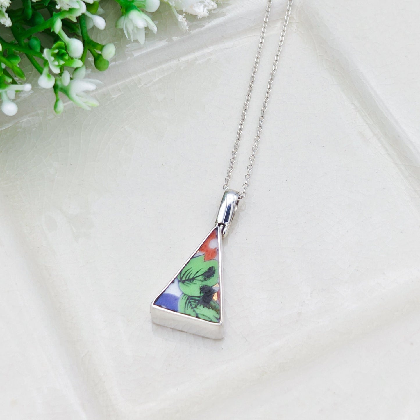 Japanese Imari Pendant | 18mm Triangle | 18th Wedding Anniversary | Sterling Silver