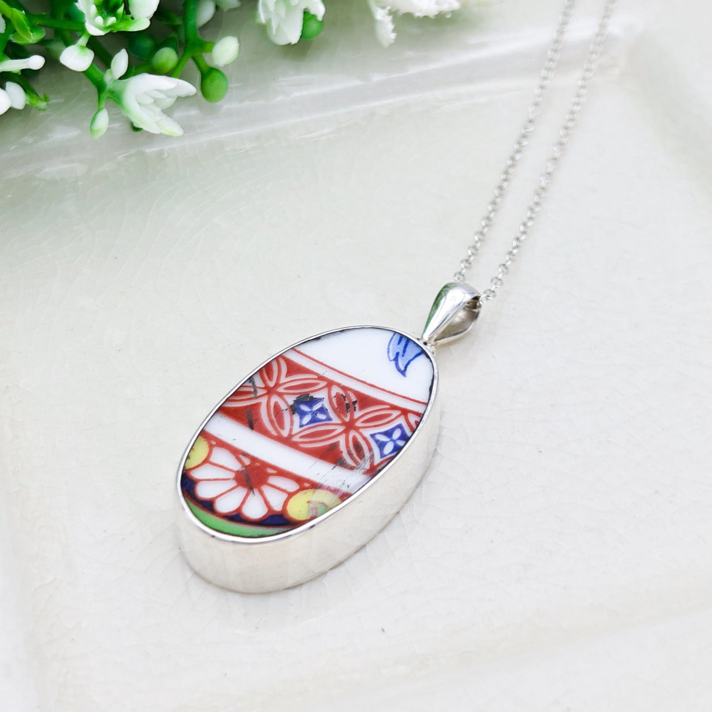 Japanese Imari Pendant | 30mm Oval Porcelain | 18th Wedding anniversary | Sterling Silver