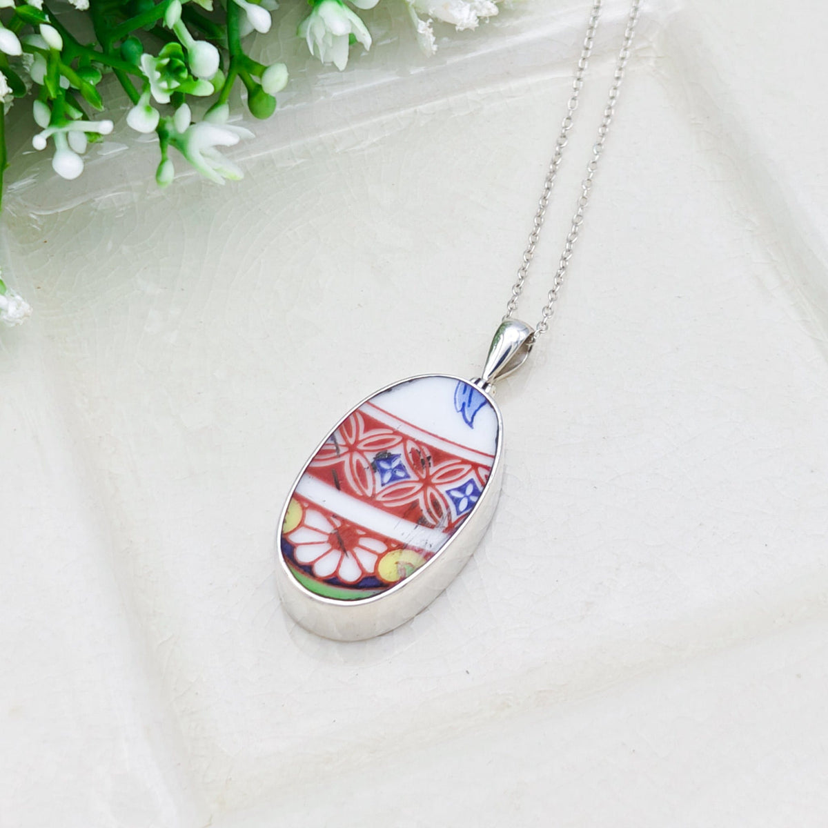 Japanese Imari Pendant | 30mm Oval Porcelain | 18th Wedding anniversary | Sterling Silver
