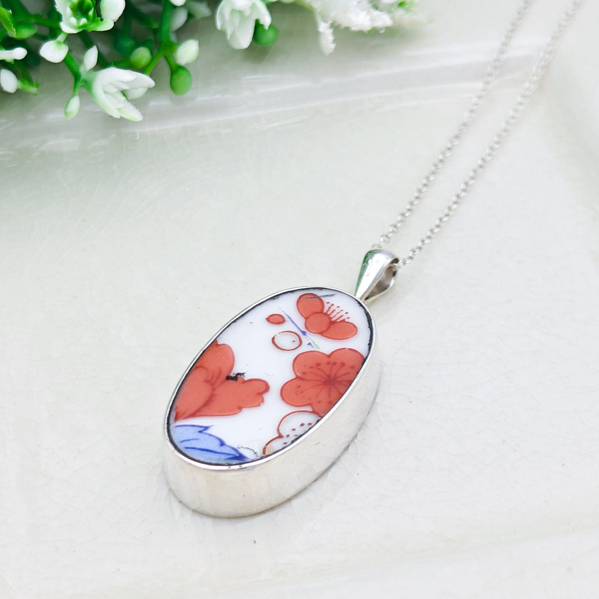 Japanese Imari Pendant | 30mm Oval Porcelain | 18th Wedding anniversary | Sterling Silver