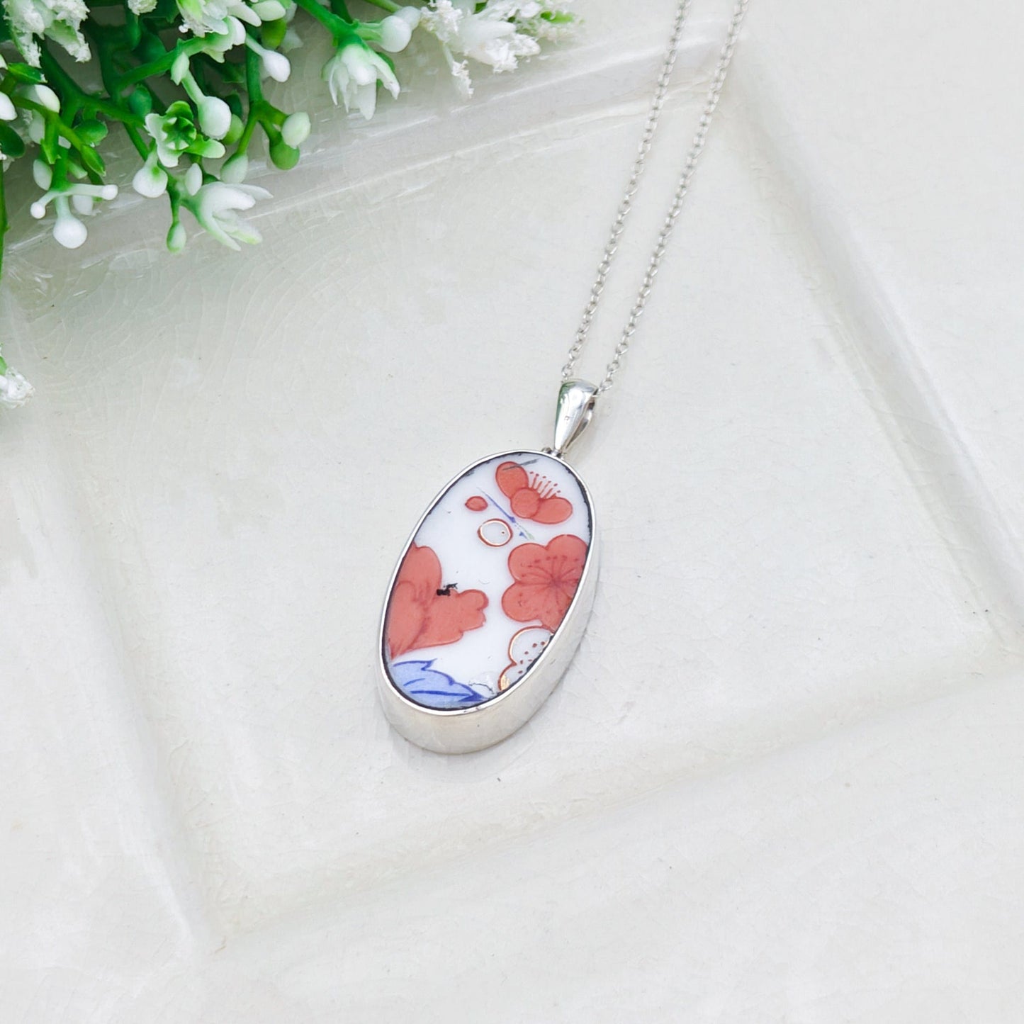 Japanese Imari Pendant | 30mm Oval Porcelain | 18th Wedding anniversary | Sterling Silver