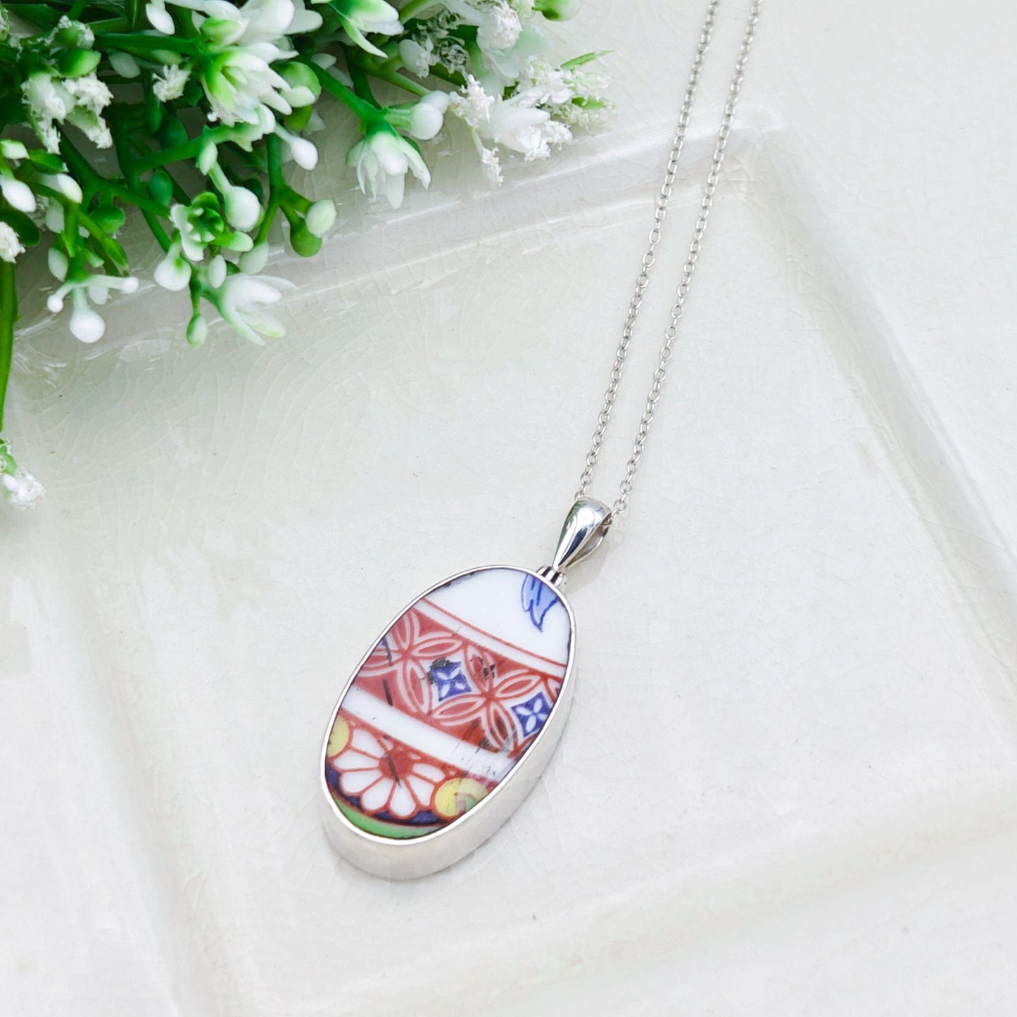 Japanese Imari Pendant | 30mm Oval Porcelain | 18th Wedding anniversary | Sterling Silver