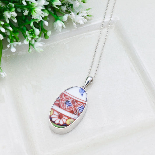 Japanese Imari Pendant | 30mm Oval Porcelain | 18th Wedding anniversary | Sterling Silver