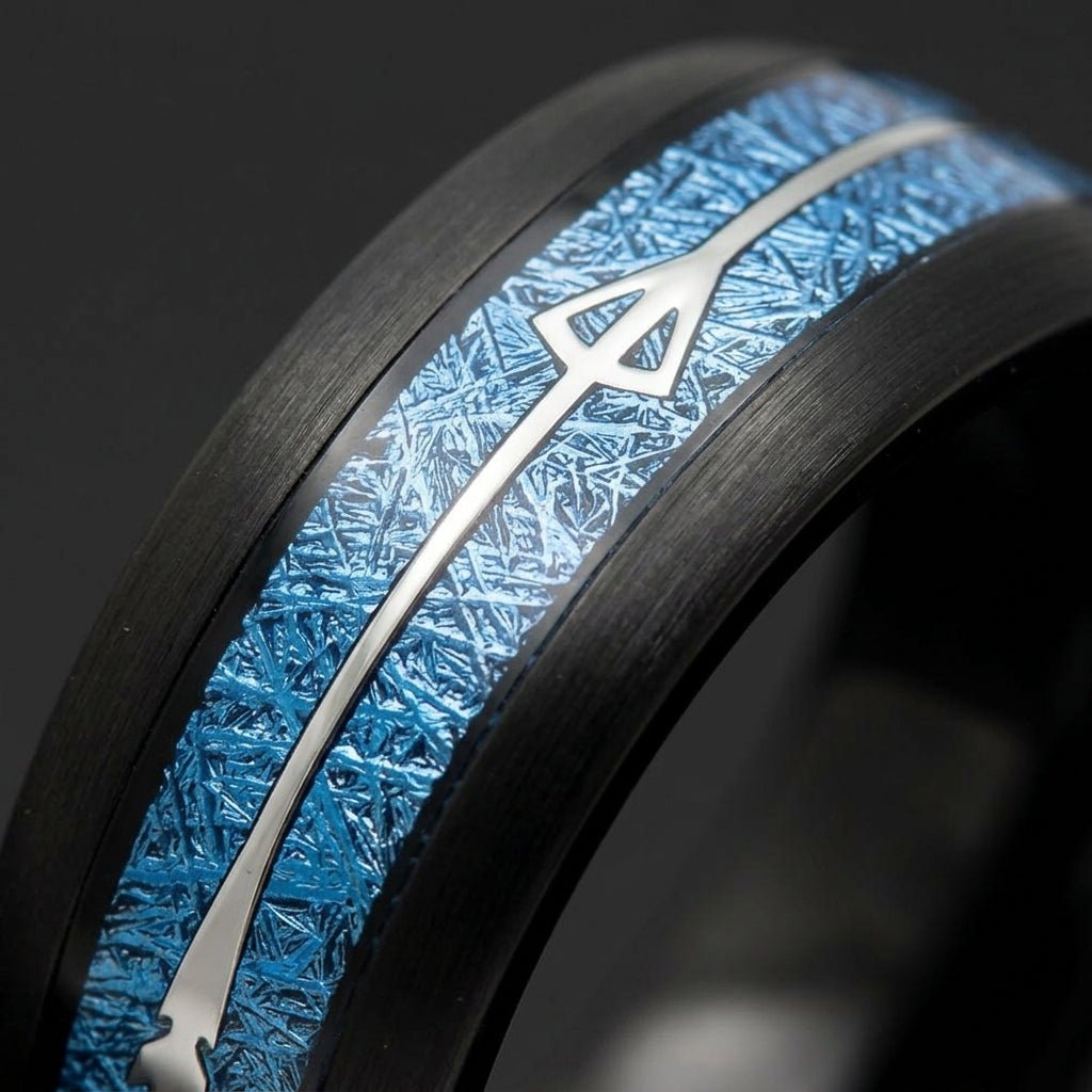 HALCYON | Black Tungsten Ring, Blue Meteorite-Style Arrow Inlay, 8mm