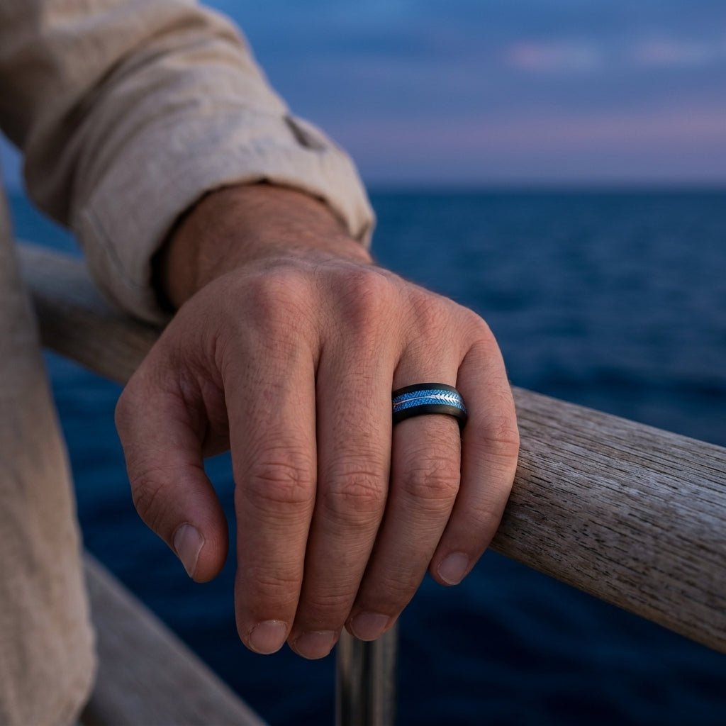 HALCYON | Black Tungsten Ring, Blue Meteorite-Style Arrow Inlay, 8mm